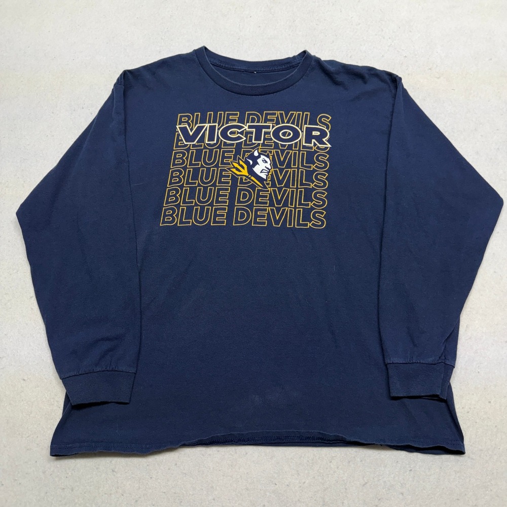 Victor Blue Devils Long Sleeve Shirt‎ Mens XL Navy Blue Graphic Y2K Skater